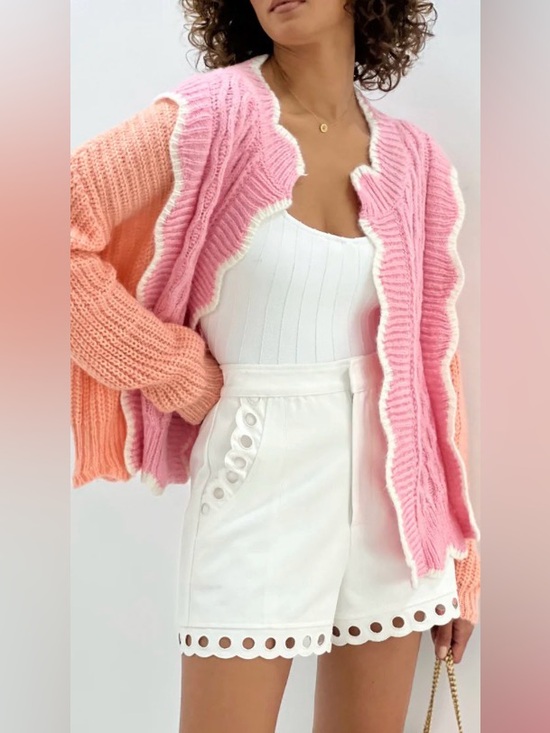 Vita Grace Sweaters - Vita Grace ‘Fancy’ Pink Orange Contrast Scallop-Trim Mohair Knit Cardigan